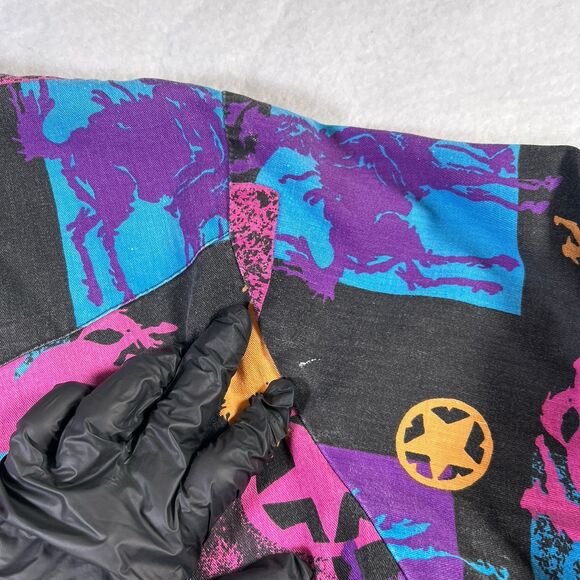 Vintage Lone Roo By Roper Western Shirt Black Purple Cowboy Geometric Print READ - Picture 7 of 16